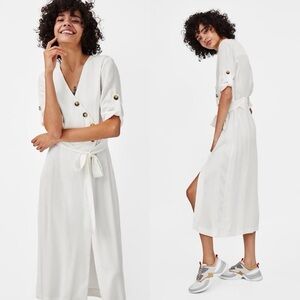 Zara White Boho Wrap Midi Dress Button Detail Side Tie Size L Minimalist Style